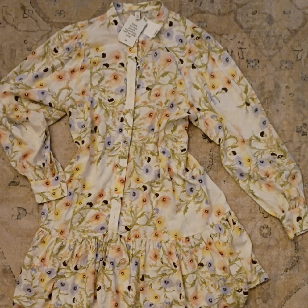 H&M White Floral Midi Dress with Yellow and Light Blue Flowers